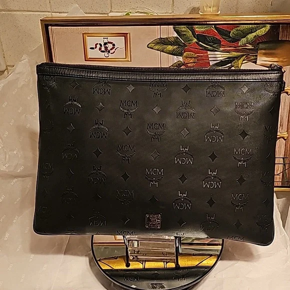 MCM Gold & Black Pvc Leather Clutch/Geometric Laptop Pouch - Picture 2 of 15